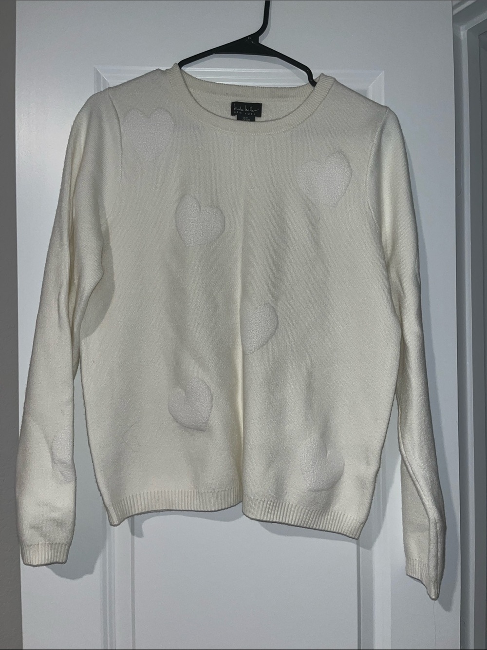 Nicole Miller Cream Crewneck Sweater with Heart Texture